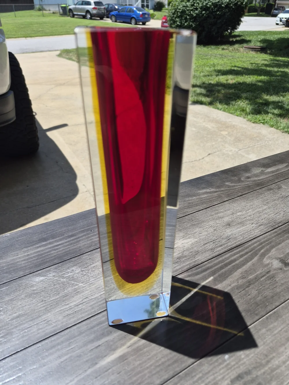 Murano Red and Yellow Tall Rectangular Glass Vase